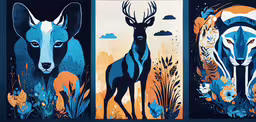 three different paintings of animals are shown in an artistic setting,three colorful illustrations with deer in them