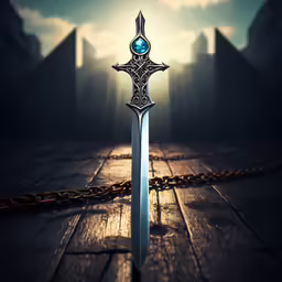 an antique, sword with a glowing light shining through it