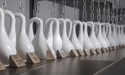 large number of vases hung on a metal rail