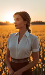 a woman stands in front of a sun set in a wheat field
