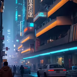 a busy city street with neon signs and traffic