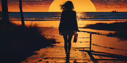 woman with purse walking along sidewalk toward the sun,a person standing on the edge of a body of water as the sun sets