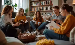 young people reading books together in a room