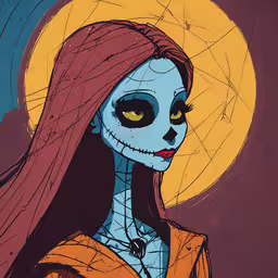 the corpsely woman with big eyes, long hair and yellow eyes stands in front of an orange background,a woman with blue makeup and a corpse makeup is depicted