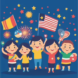 a cartoon style group of people celebrating on fourth of july