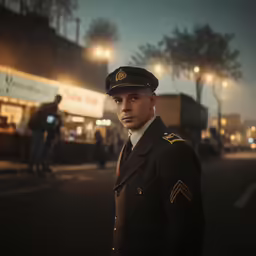 a man in a suit standing on a street corner at night