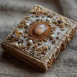 a book with beads and glass stones embedded into it