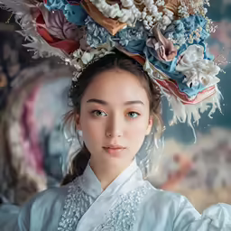 a beautiful woman with an elaborate hat made of feathers