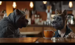 two dogs have their faces partially covering each other, while one has a cup of coffee in front of him