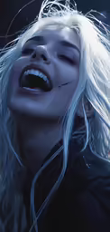 woman in white hair laughing while dressed in gothic clothing