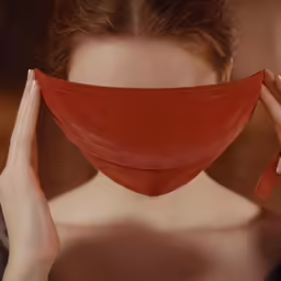 a woman holding a red cloth to her face