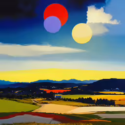 three balloons flying in the sky above the land,a painting of some very pretty colors in the sky
