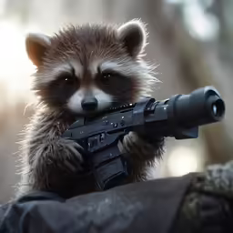 a raccoon is holding a machine gun in its paws