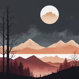 a man looking at the horizon with the moon above,the moon in the sky over a mountain range and fog