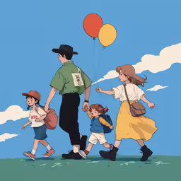 cartoon showing an adult with three children who is walking with two balloons in the air