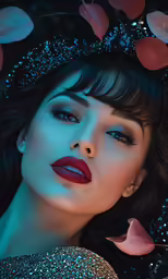 a woman in glitter is wearing a hat