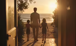 an open door leading to the beach with a man and two children holding hands