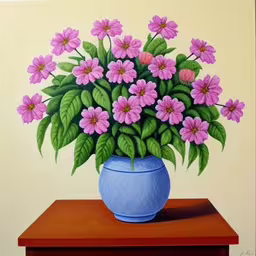 a painting of pink flowers in a blue vase,a painting of flowers in a blue vase on a table