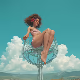 a woman in a bikini sits on a small, floating chair