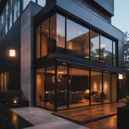 a large home with a glass wall between two floors