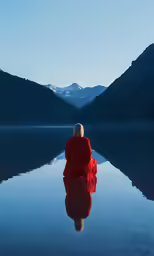 person in red jacket sitting on calm body of water