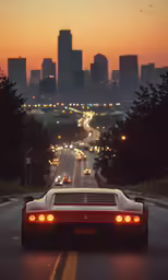 a car that is sitting in the street at sunset