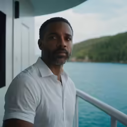 a black man in white standing on a boat