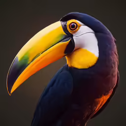 the bird is perched on a wooden branch with a colorful beak