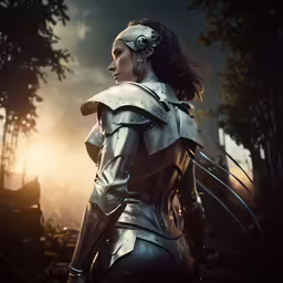 woman in armor and earrings is facing to the right
