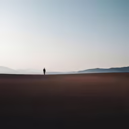 a man stands in the middle of an empty field with mountains in the distance
