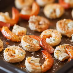 cooked shrimp and cheese are on a cookie sheet