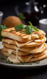 a stack of waffle sandwiches with cheese and green leafy herbs on the plate