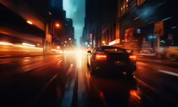 a dark colored car driving down a city street
