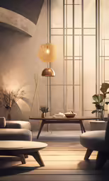 a room with two couches, one on a small table, and the other in an off white color