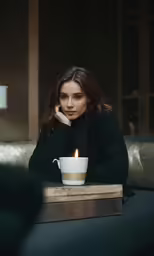 a beautiful woman sitting on top of a couch with a cup of coffee