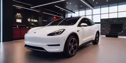 a white electric suv is parked in a garage