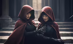 two women in gothic clothing and gloves with red capes