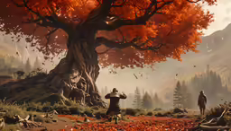 two men stand under an orange tree, while another man looks out into the distance