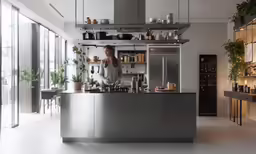 the woman stands in the kitchen beside the shelves