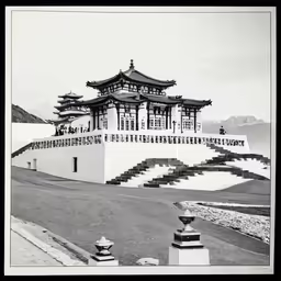 a building with many stairs leading up it to the roof