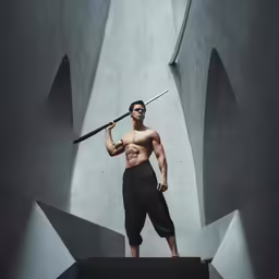 a man with a knife stands in an artistic photo
