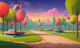 illustration of a street leading to park filled with trees,a painting of a park with boats parked on the lake