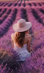 a woman wearing a hat in a lavender field