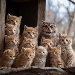 a large group of kittens looking at something
