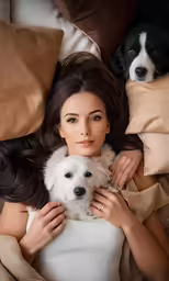 a woman laying in bed with two dogs