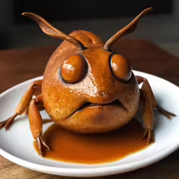 a funny looking little bug sitting on top of a white plate