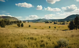 large grassy area with trees and mountains in the background