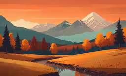 an illustration of a snowy mountain range and stream in the autumn,a painting of a mountain landscape with autumn trees
