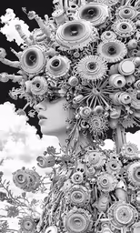 a woman with her head surrounded by flowers