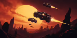 three cars driving through the sunset with an extra sun in the background